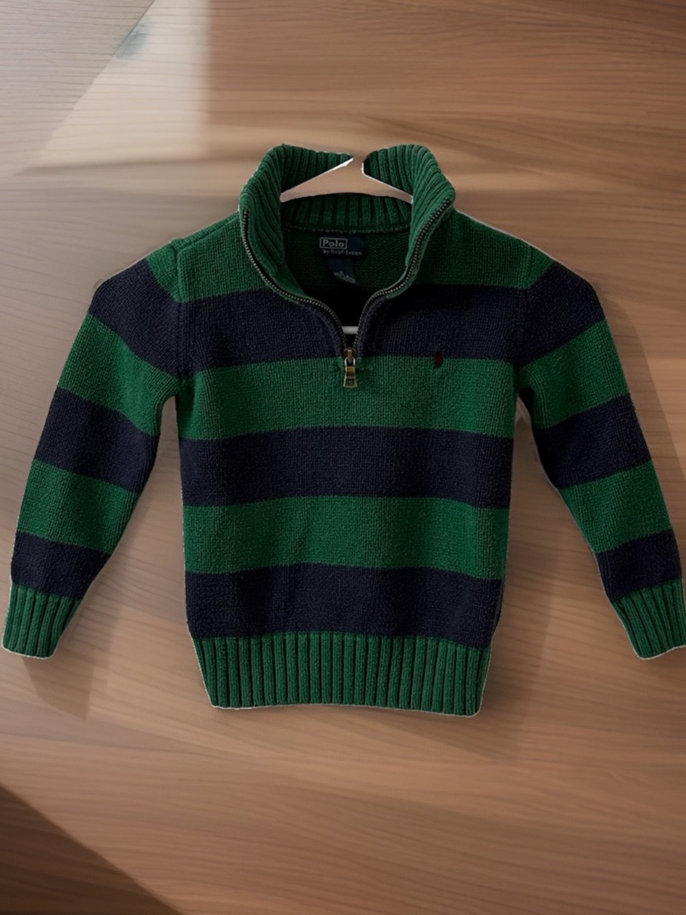 Polo Ralph Lauren Boys Size 5 Green Navy Stripe Quarter Zip Cotton Sweater